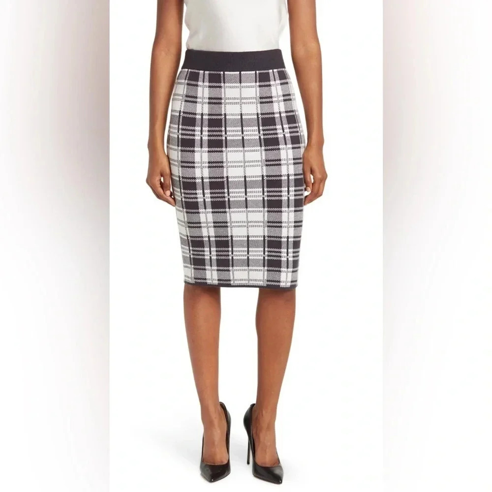 Vince Camuto Plaid Black and White Midi Skirt Size Medium